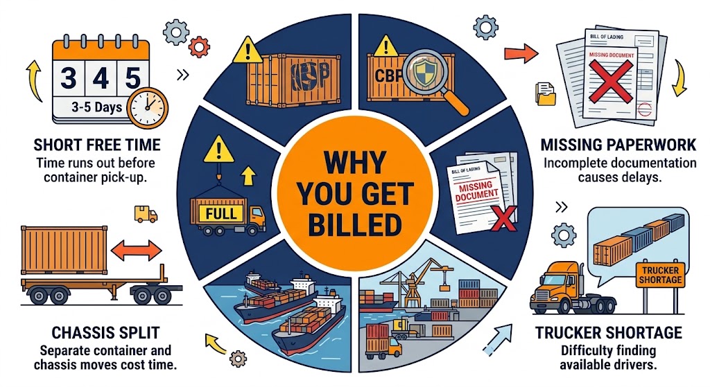 6 reasons why demurrage and detention fees happen - customs exam chassis shortage port congestion cartoon illustration