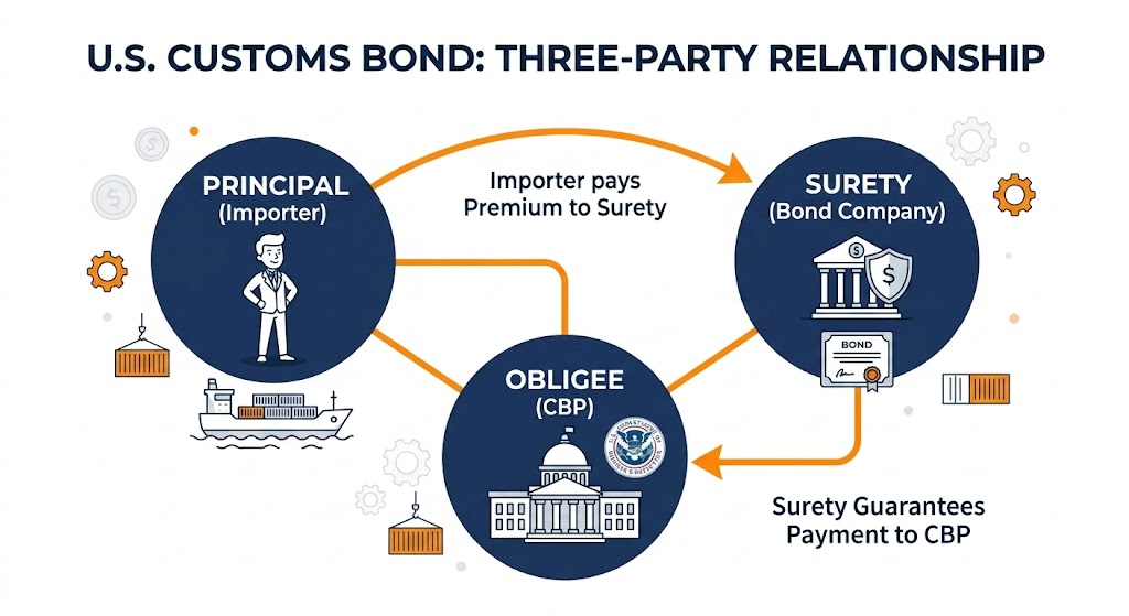 Customs bond three-party relationship diagram - Principal Importer Surety and CBP cartoon illustration