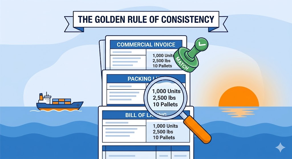 Commercial Invoice Packing List and Bill of Lading consistency - golden rule of matching import documents for smooth customs clearance