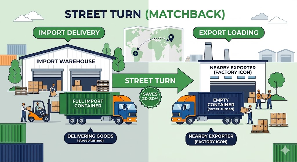 Street turn drayage strategy - matching import container to export shipment cartoon illustration