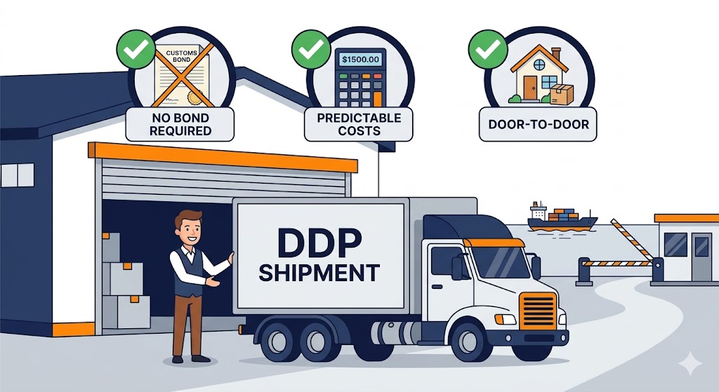 DDP shipping benefits for US importers - no customs bond required predictable landed costs cartoon illustration