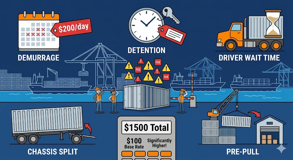 Drayage accessorial fees explained - demurrage detention chassis split pre-pull driver wait time cartoon illustration