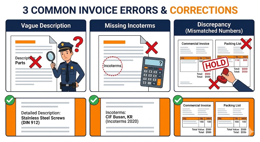 Common commercial invoice mistakes causing customs delays - vague descriptions missing Incoterms data discrepancies