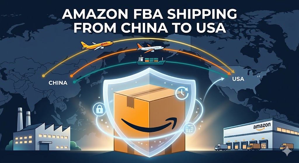 Amazon FBA shipping from China to USA - complete logistics guide cartoon illustration