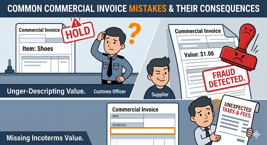 Common Commercial Invoice mistakes - vague description, under-declaring value, missing Incoterms leading to customs penalties