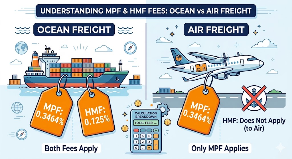 Bluetooth headphones import duty calculation example - $20000 shipment MPF HMF Section 122 cartoon illustration