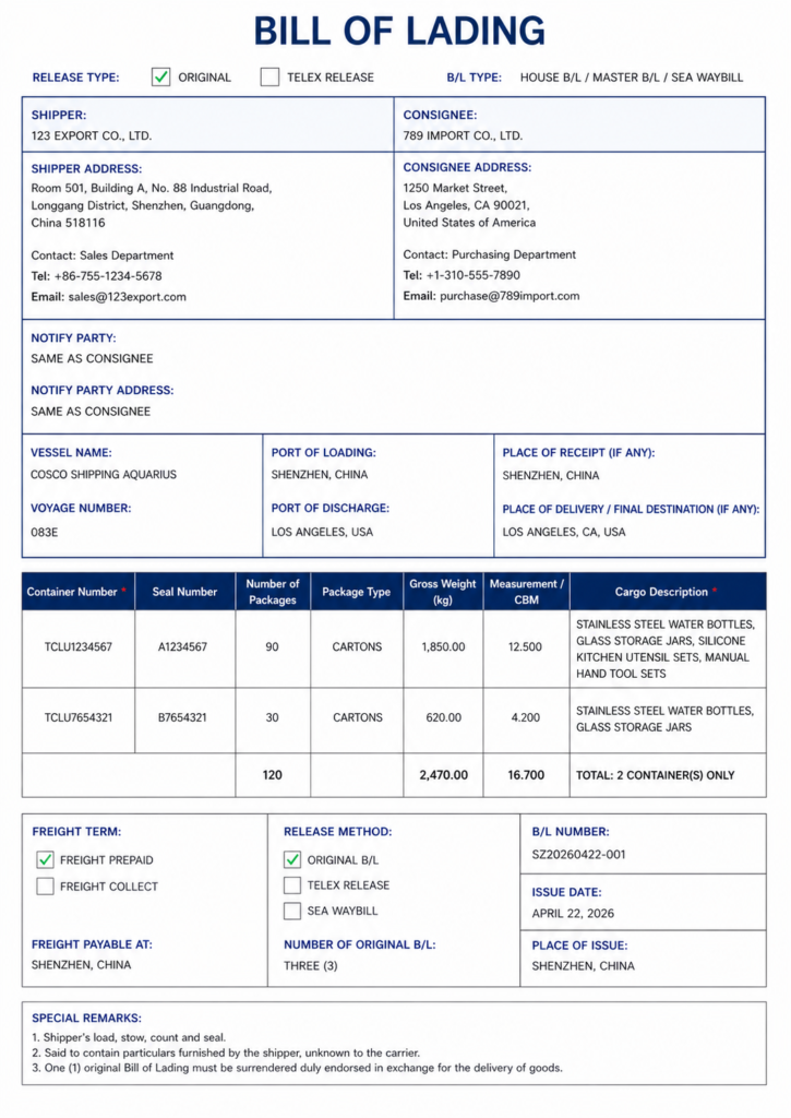 bill of loading tample