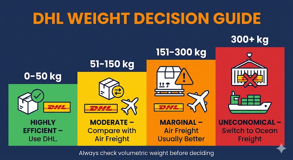 DHL shipping weight decision guide - when to use express versus air freight versus ocean freight cartoon infographic