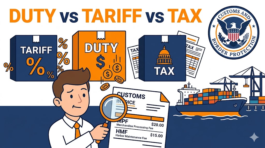 Import Duty vs Tariff vs Tax explained - US customs fees MPF HMF cartoon illustration