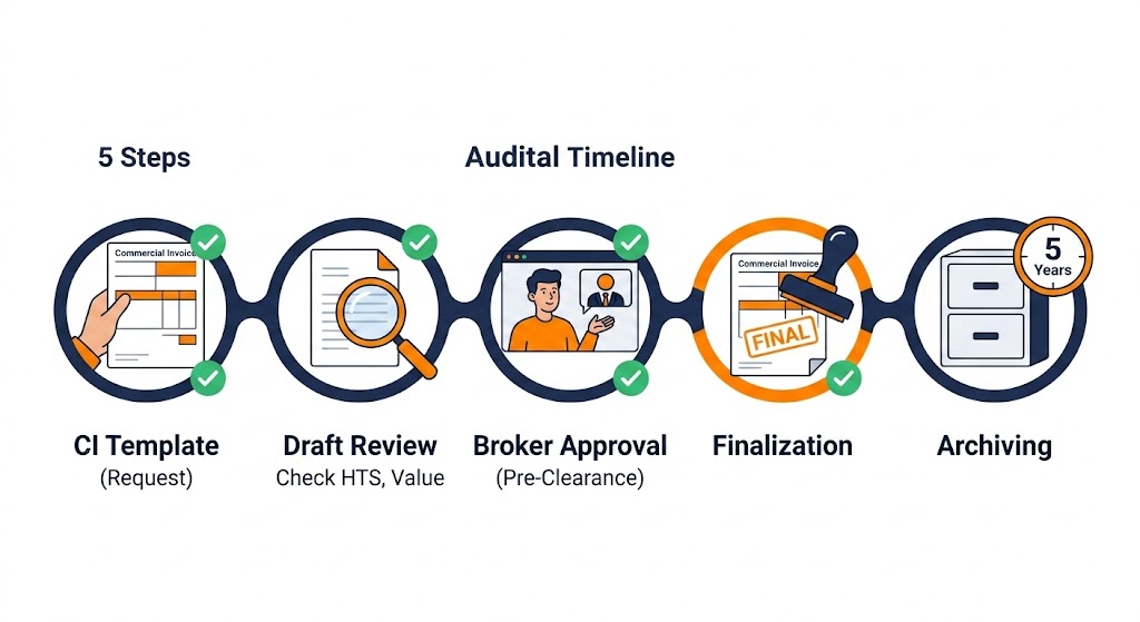 5-step Commercial Invoice audit workflow for importers - request template, draft review, broker approval, finalization, archiving