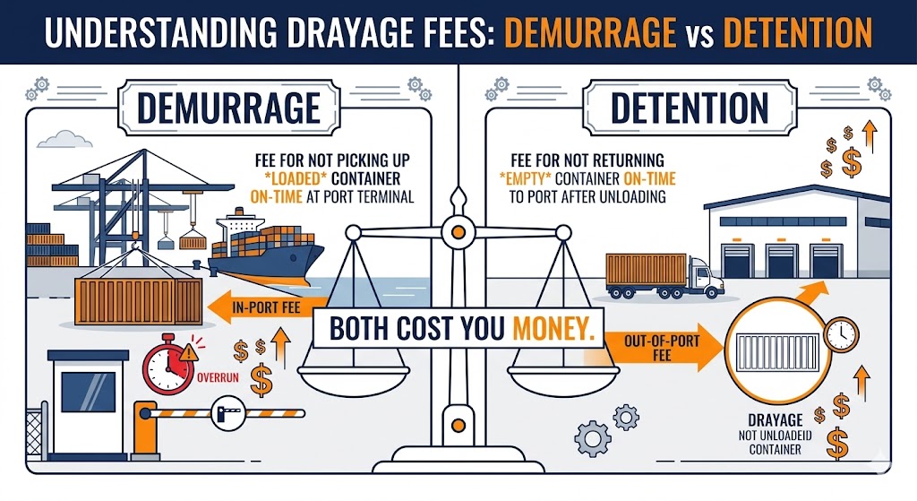 Demurrage vs Detention comparison - inside port terminal versus outside warehouse cartoon infographic