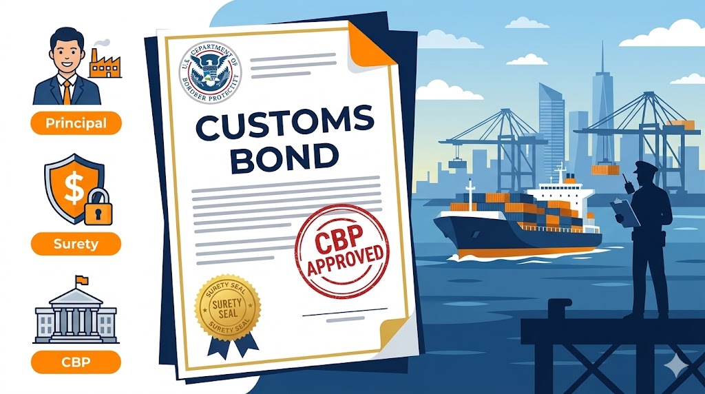 Customs Bond guide for US importers - cartoon illustration of CBP bond document with surety seal and container ship