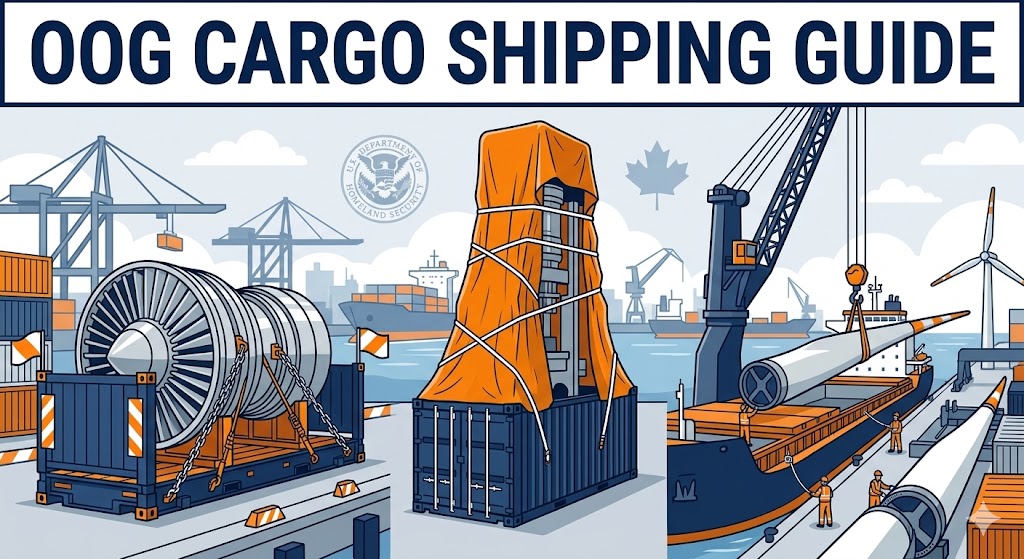 Shipping Out of Gauge OOG Cargo - Flat Rack Open Top Breakbulk Guide for US Importers cartoon illustration