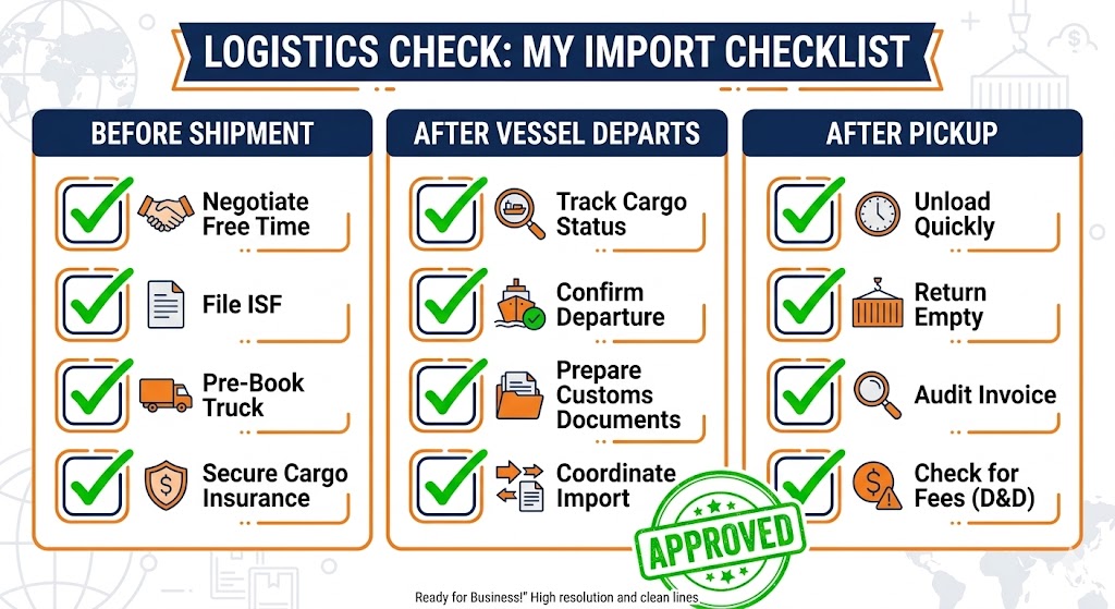 Demurrage and Detention prevention checklist - before shipment after vessel departs after pickup cartoon illustration