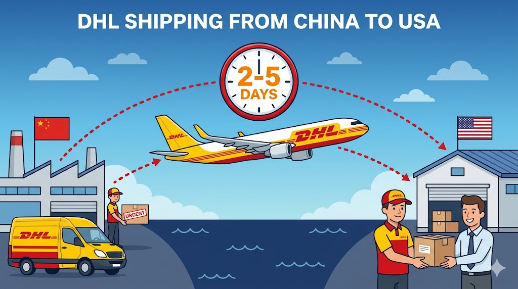 DHL shipping from China to USA - express door to door delivery 2 to 5 days cartoon illustration