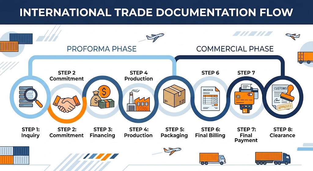 8-step international trade document workflow from inquiry to customs clearance - cartoon diagram