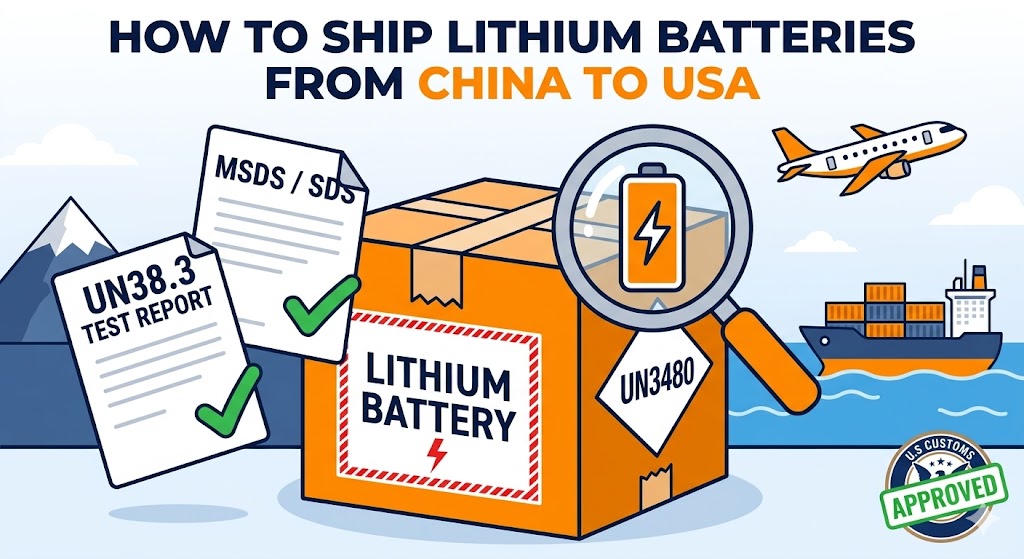 How to ship lithium batteries from China to USA - UN38.3 MSDS compliance cartoon illustration