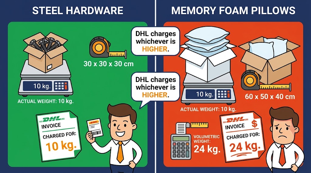DHL chargeable weight comparison - dense steel parts versus bulky memory foam pillows cartoon illustration