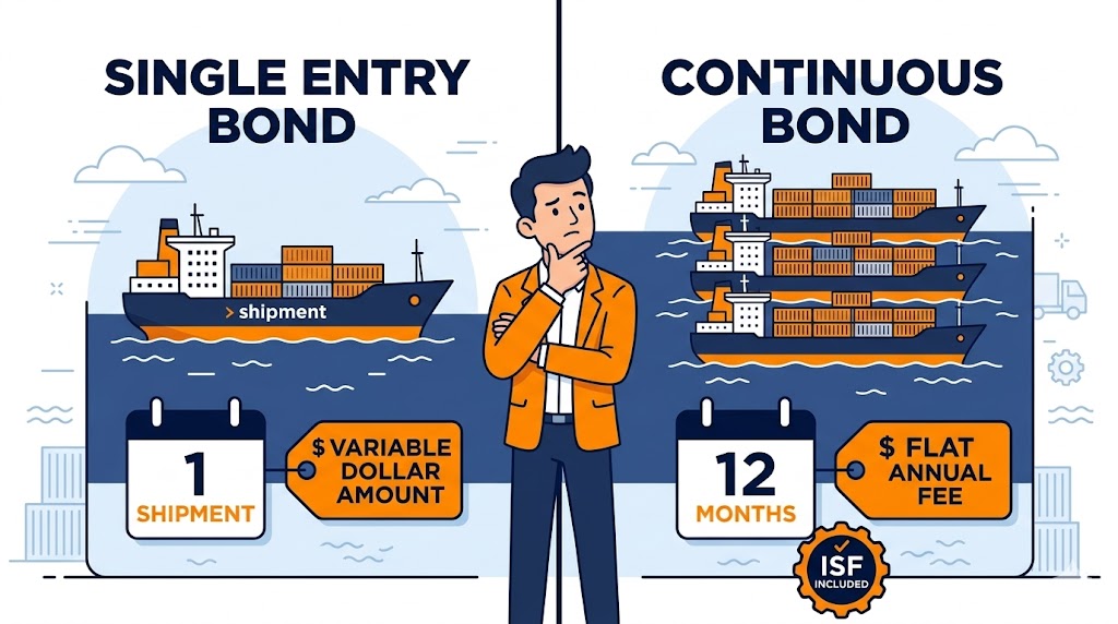 Single Entry Bond vs Continuous Bond comparison - one-time import versus annual coverage cartoon infographic