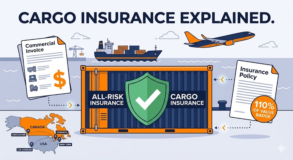 Cargo Insurance Explained - Complete Guide for Importers to USA and Canada cartoon illustration