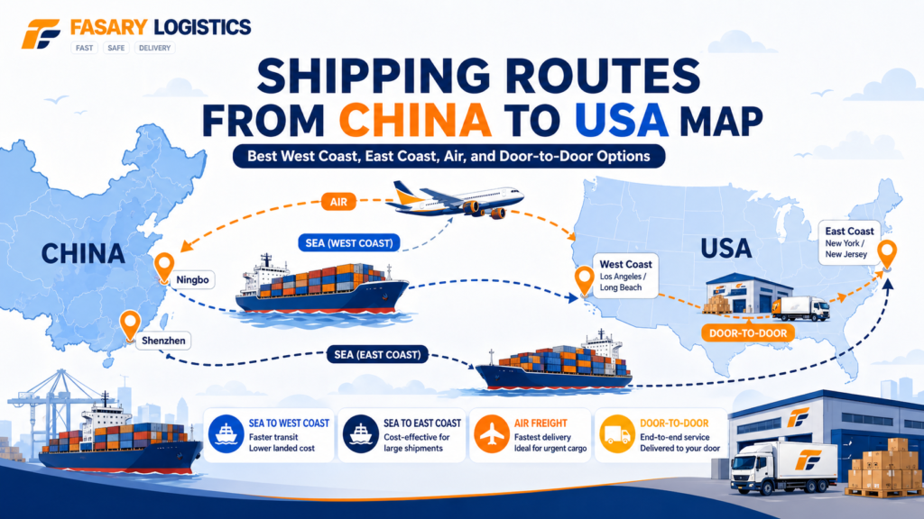 Shipping routes from China to USA map - West Coast East Coast and air freight cartoon illustration
