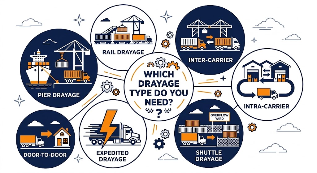 7 types of container drayage services - pier rail inter-carrier intra-carrier shuttle expedited door-to-door cartoon infographic