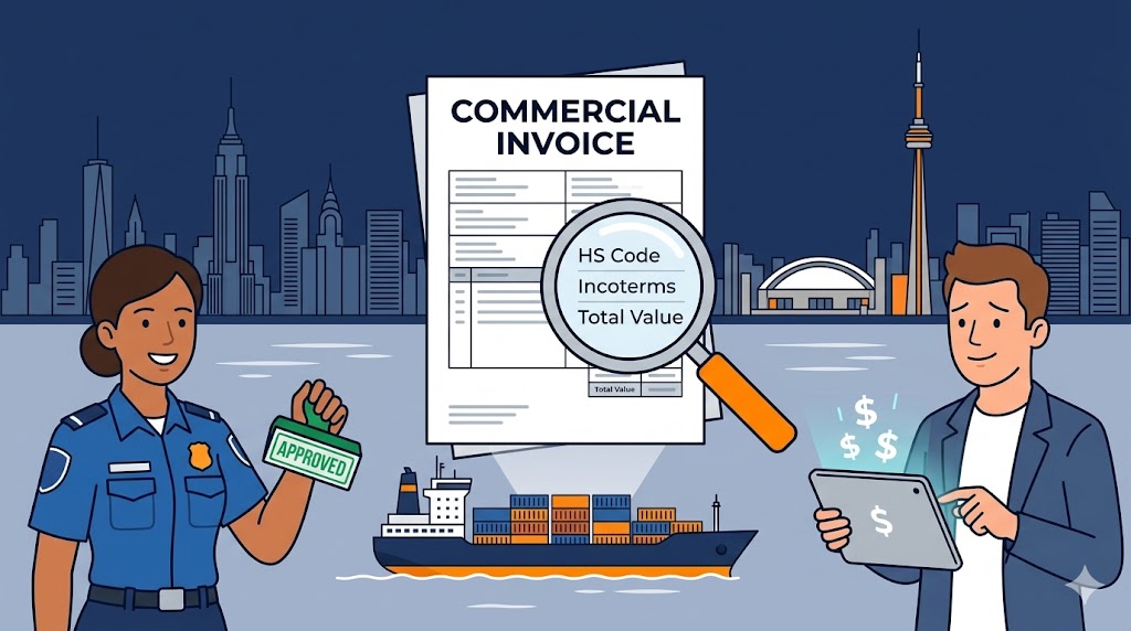 Commercial Invoice guide for US and Canadian importers - cartoon illustration of customs document with HS Code and Incoterms
