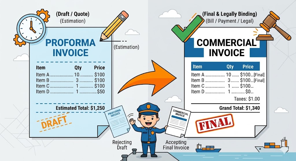 Proforma Invoice vs Commercial Invoice comparison - cartoon illustration showing quote document versus final binding customs bill
