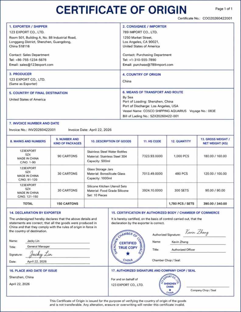 Certificate of Origin Template: