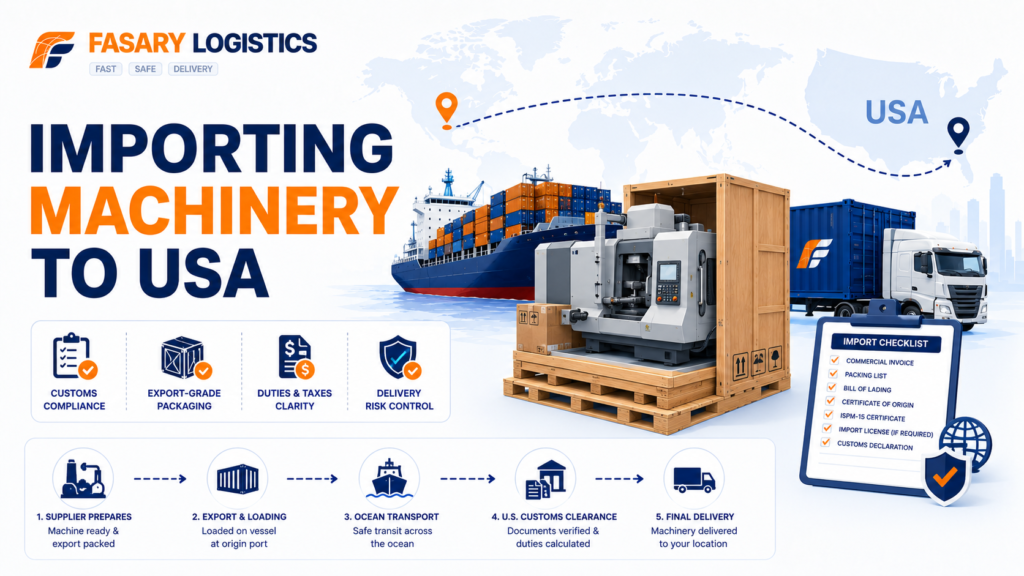 Importing Machinery to USA: Freight, Wood Packaging, Duties, and Delivery Risk
